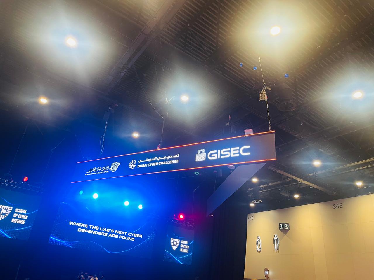 GISEC and Dubai Cyber Challenge stage signage inside Dubai Exhibition Centre.