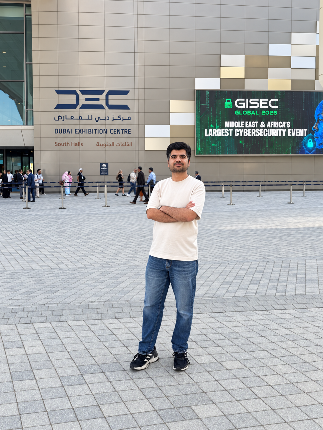 Haseeb Sultan outside GISEC Global 2026 at Dubai Exhibition Centre.