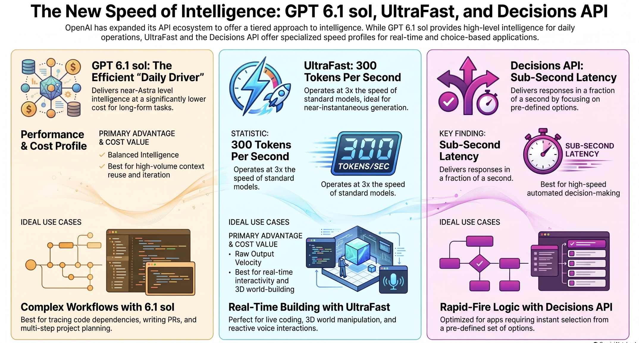 Comparison of GPT 6.1 sol, UltraFast, and the Decisions API by intelligence, speed, and ideal use cases.