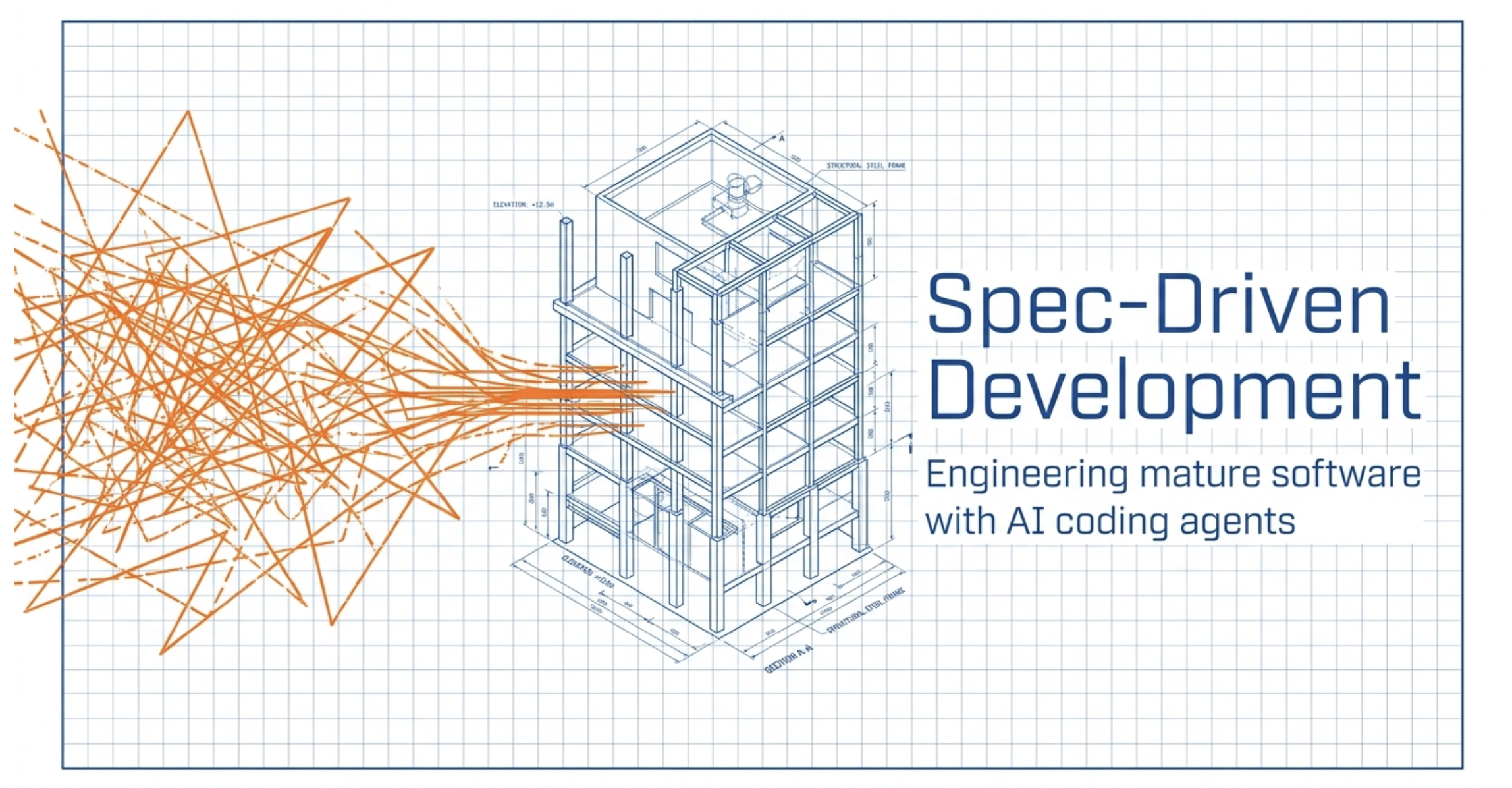 Tangled orange lines become a structured building blueprint: Spec-Driven Development, engineering mature software with AI coding agents.