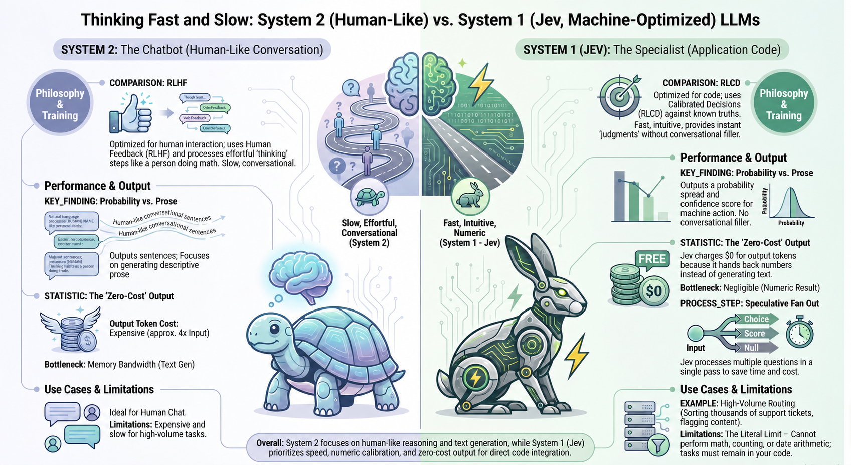 A comparison of System 2 conversational language models and the System 1 Jev model, covering training, performance, cost, and use cases.